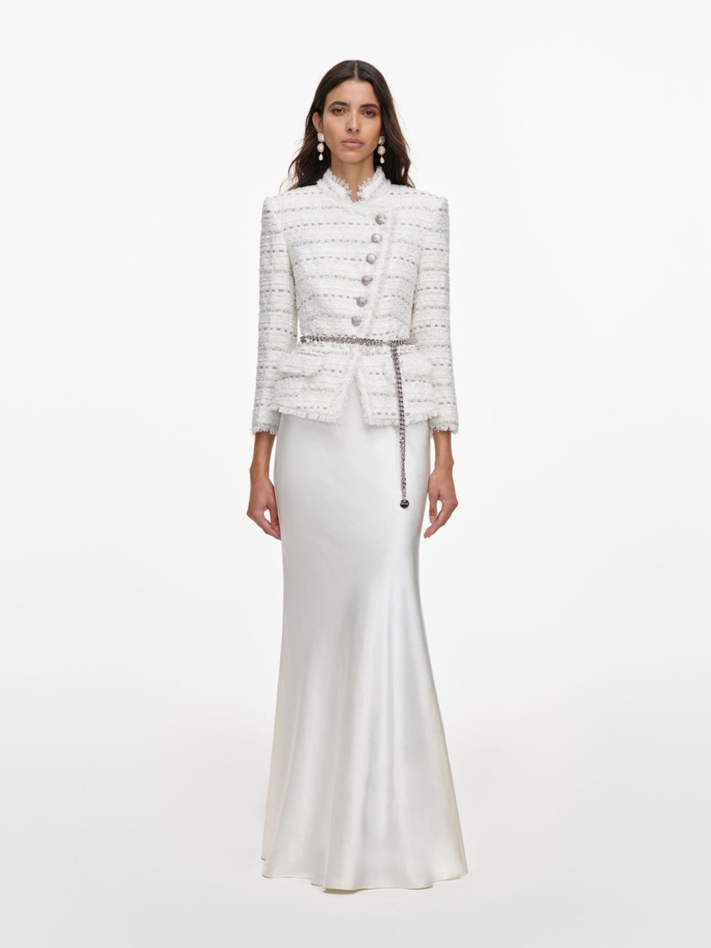 NWOT Self-Portrait White Boucle Satin Maxi Dress, Size US 0/2/4/6/8